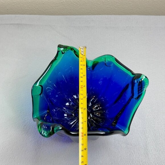 Vintage Italian Murano Style Art Glass Bowl, Cobalt Blue, Green Crest Edge 8" - Picture 14 of 15